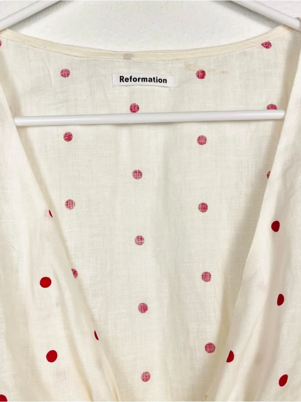 Reformation Cream Tie-Front Crop Top with Red Polka Dots